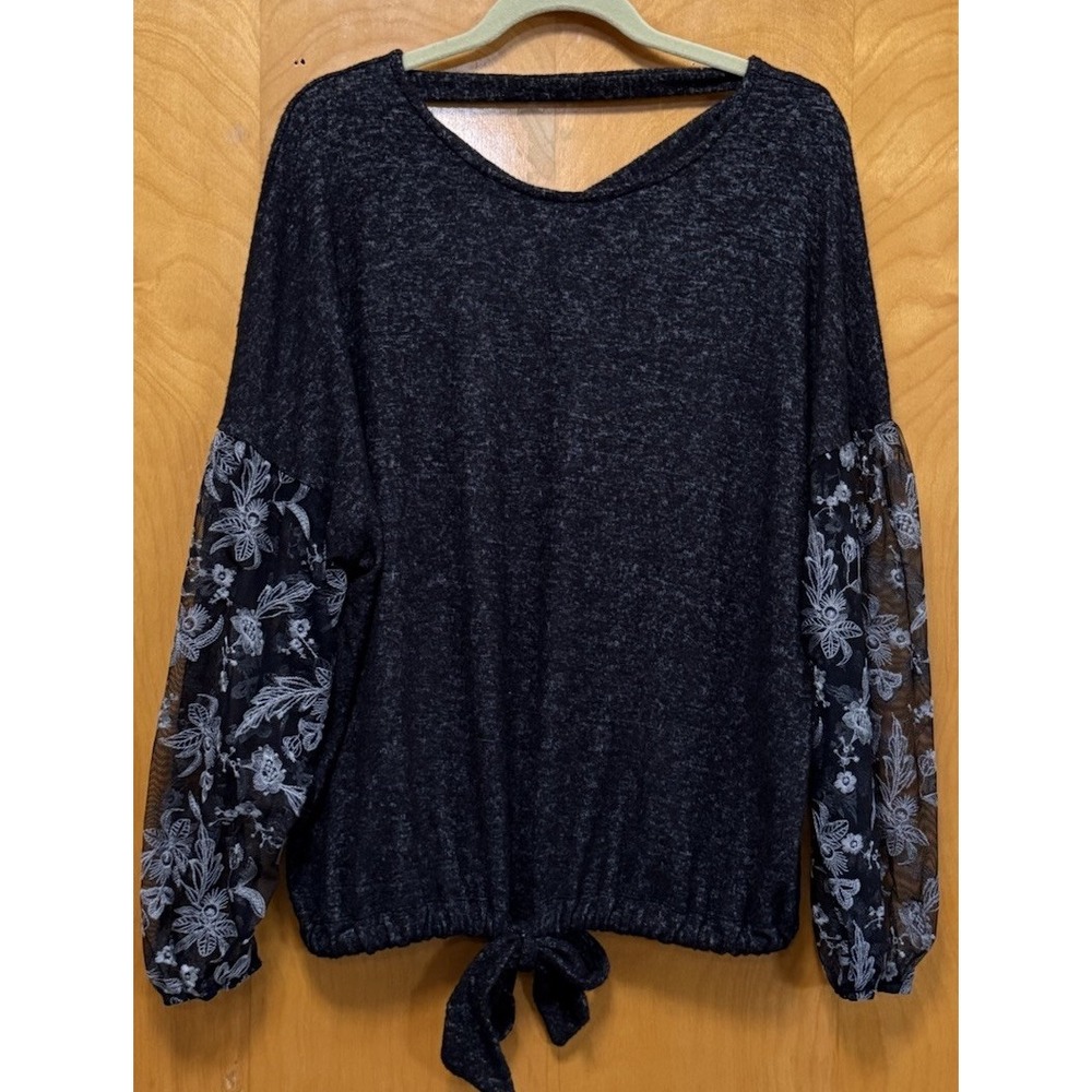 Buckle Daytrip Scoop Neck Tie Waist Sheer Embroidered Sleeve Blouse Shirt M NEW